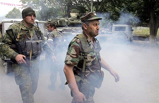 Edward Kokojty, head of the South Ossetia (on the right) in Dzhava