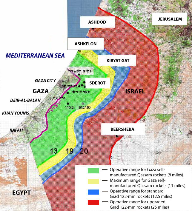 Operative and maximum range for QASSAM and GRAD rockets, fired from Gaza strip on targets in Israel 