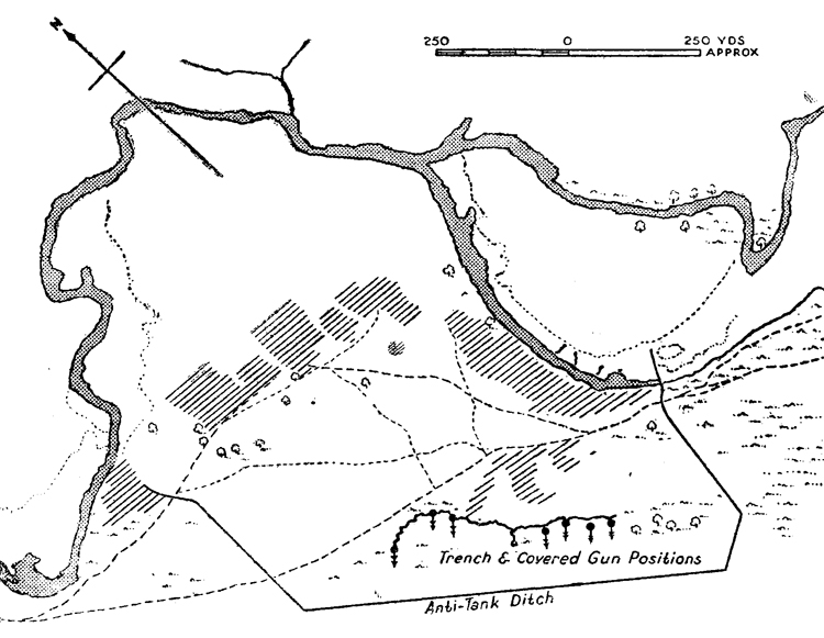 The sketch below provides an interesting example of an all sound anti-tank obstacle, partly natural and partly made by digging a ditch 